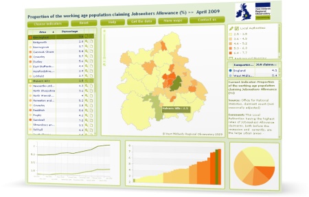 Screenshot: interactive map showing Jobseeker's Allowance claimant rates in the West Midlands