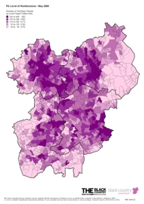 Map showing the number of workless people by lower super output area in the Black Country in May 2008