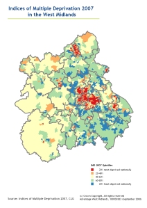 Map of West Midlands illustrating performance against Indices of Deprivation 2007 at Lower Super Output Area